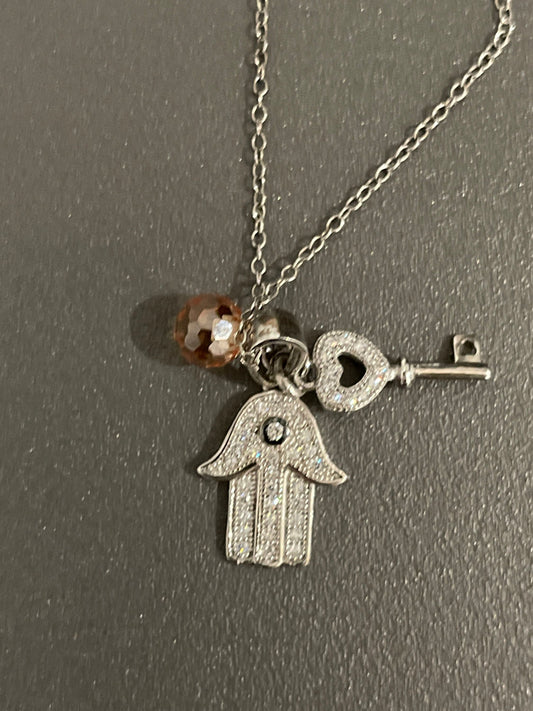Sterling Silver Hamsa Key Charm Necklace with Citrine and Cubic Zirconia