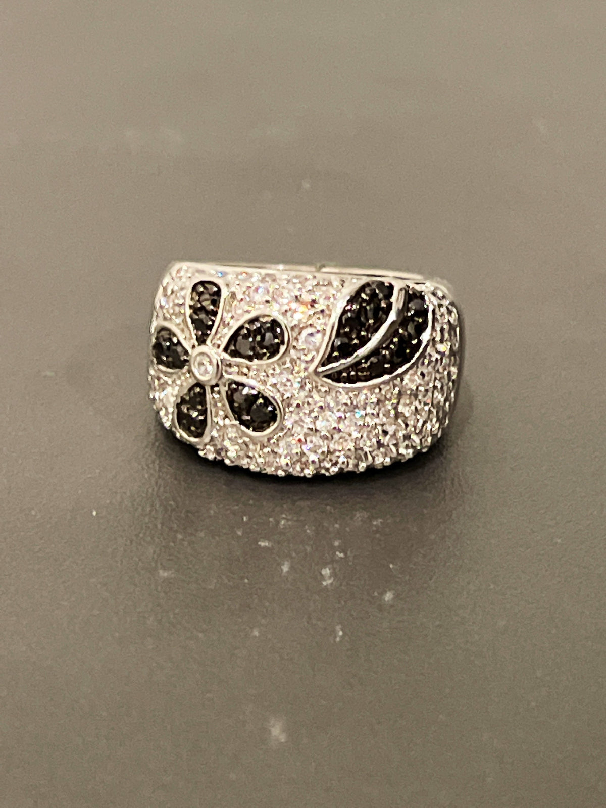 Sterling Silver Flower Ring, Cubic Zirconia & Black Spinel