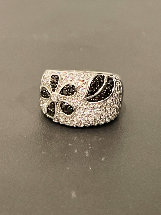 Sterling Silver Flower Ring, Cubic Zirconia & Black Spinel