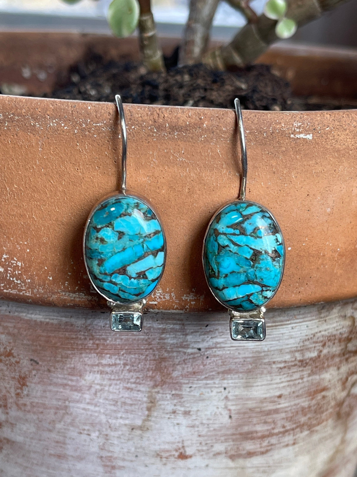 Sterling Silver Turquoise and Blue Topaz Earrings with Shepherd Hook Backs