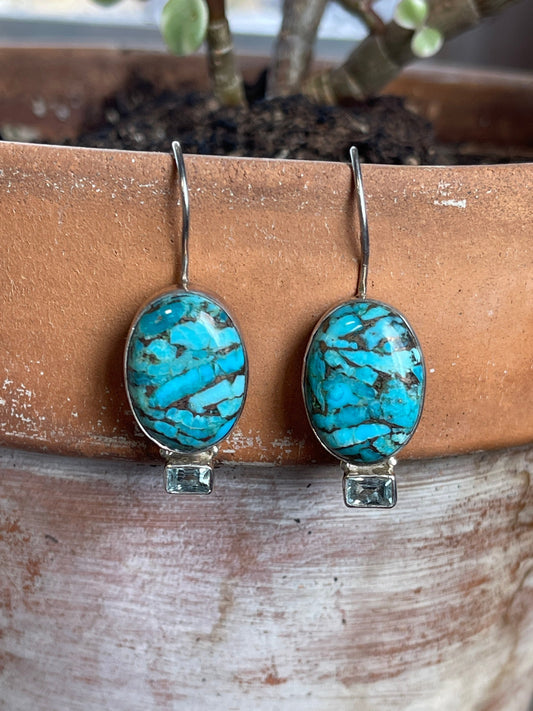 Sterling Silver Turquoise and Blue Topaz Earrings with Shepherd Hook Backs