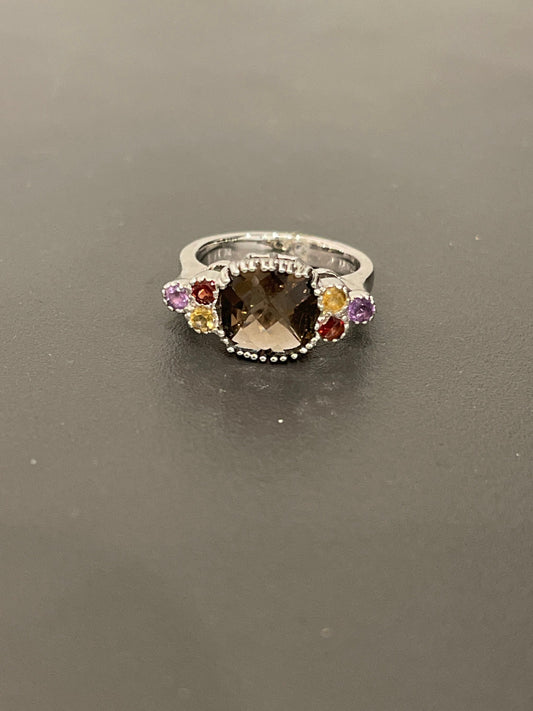 Sterling Silver Smoky Topaz, Amethyst, Yellow Topaz and Garnet Ring