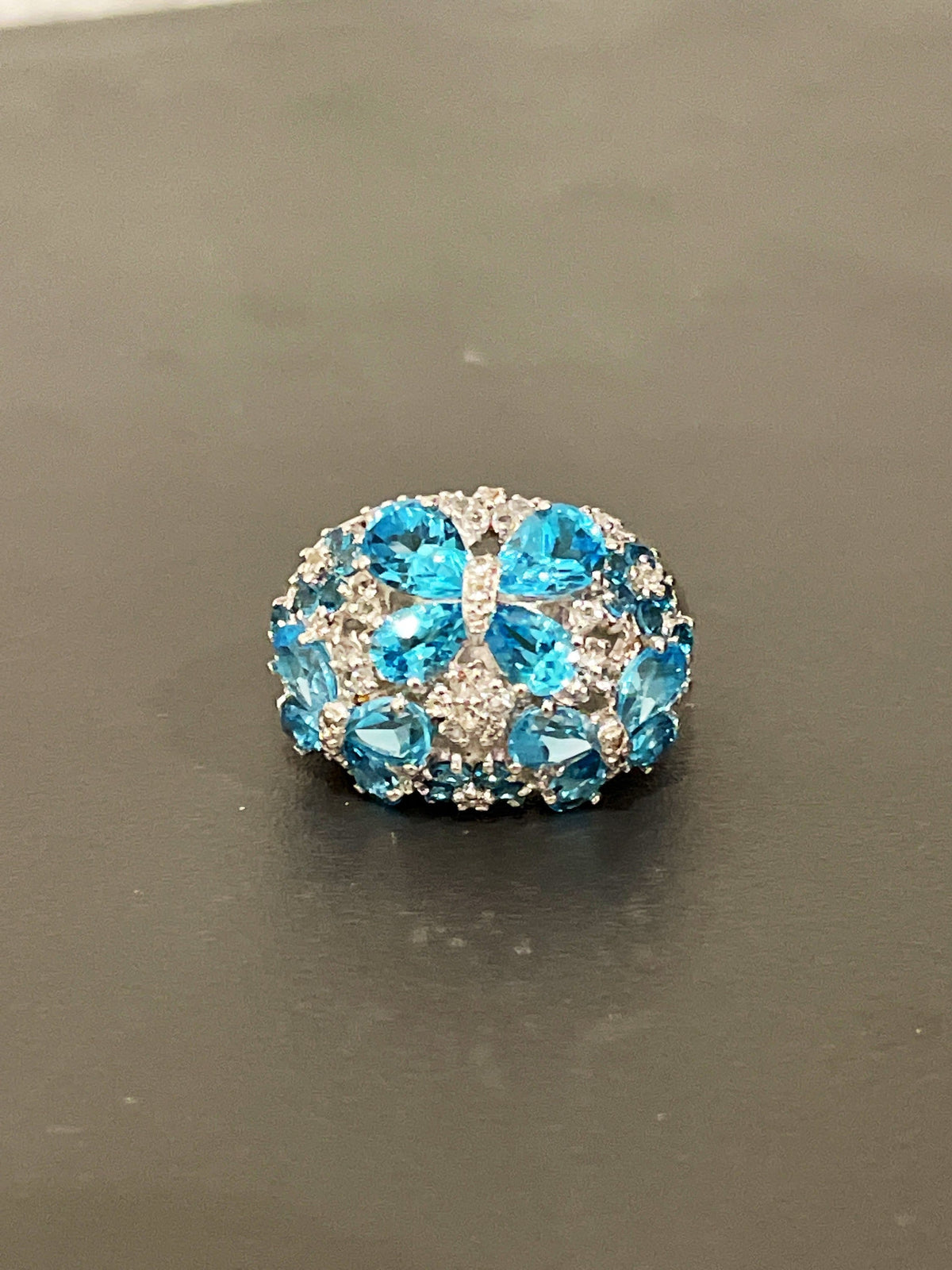Sterling Silver Blue Topaz and Cubic Zirconia Butterfly Statement Ring