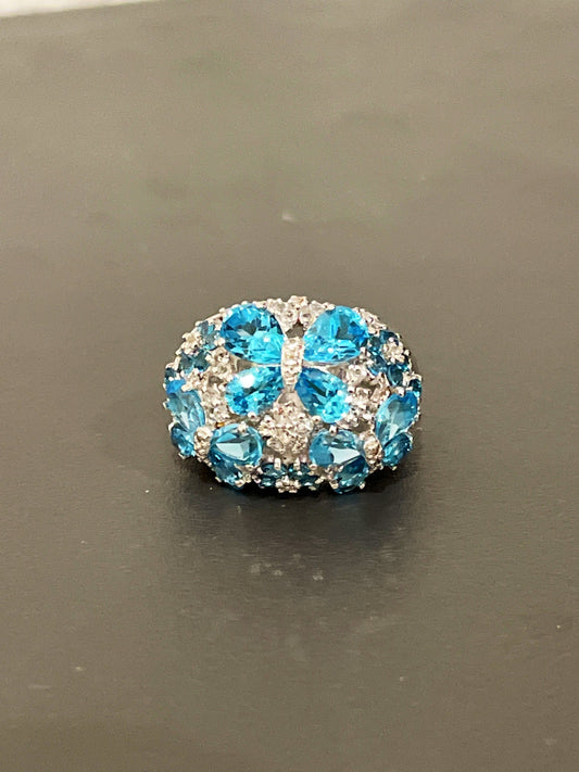 Sterling Silver Blue Topaz and Cubic Zirconia Butterfly Statement Ring