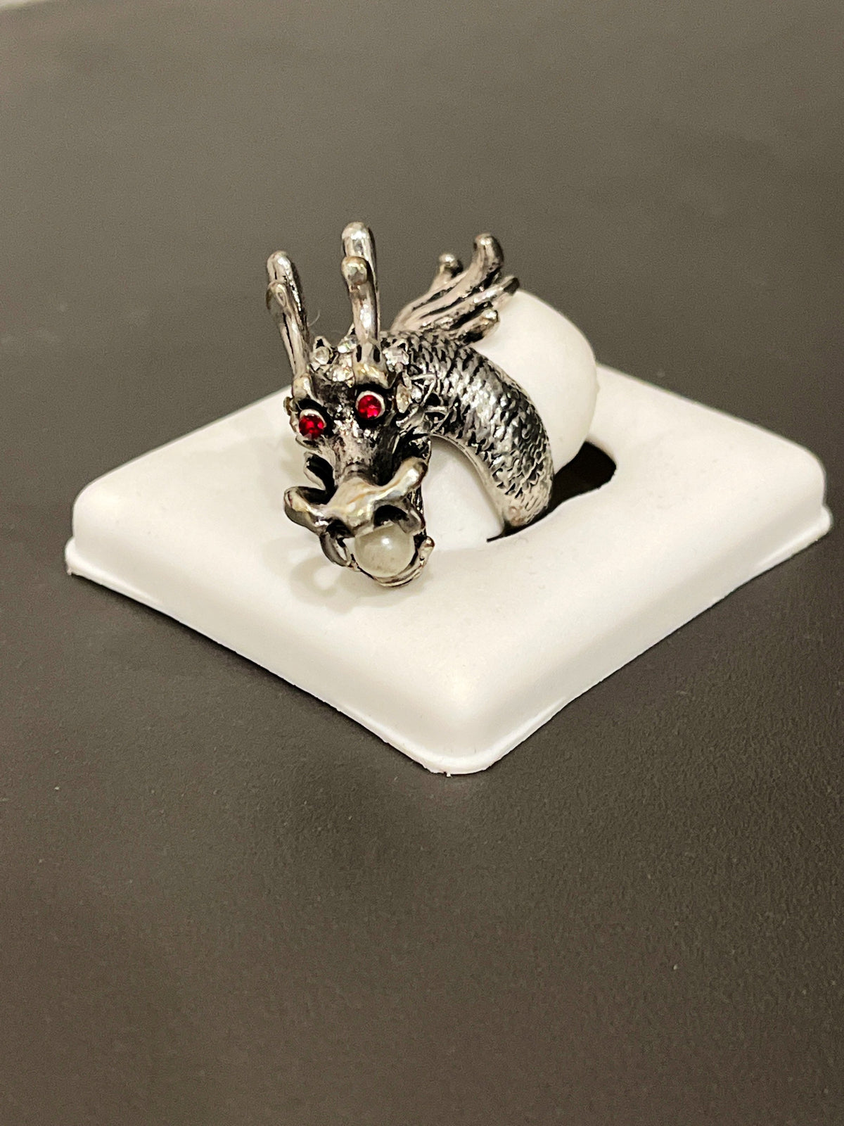 Sterling Silver Whimsical Dragon Ring with Pearl, Red Eyes, Size 6