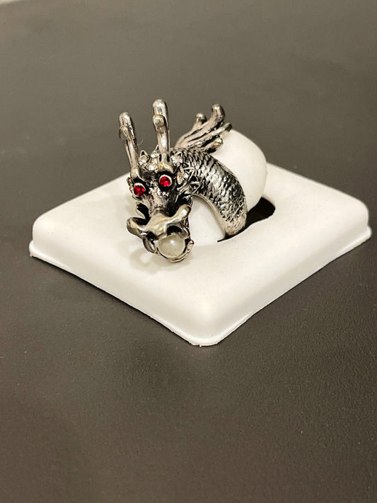 Sterling Silver Whimsical Dragon Ring with Pearl, Red Eyes, Size 6