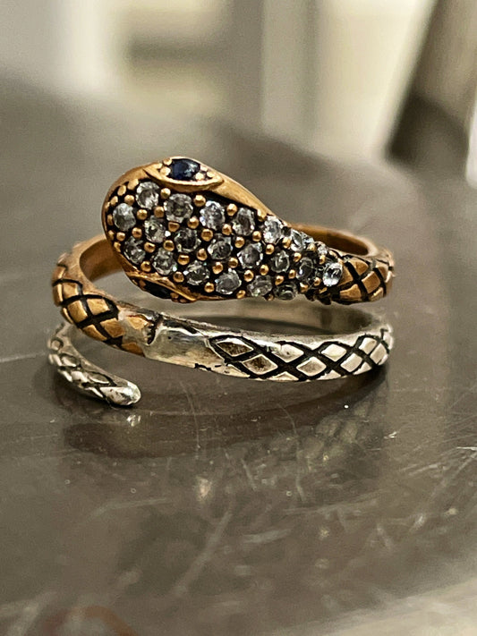 Whimsical Sterling Silver Two Tone Snake Ring with Cubic Zirconias and Blue Stone Eyes