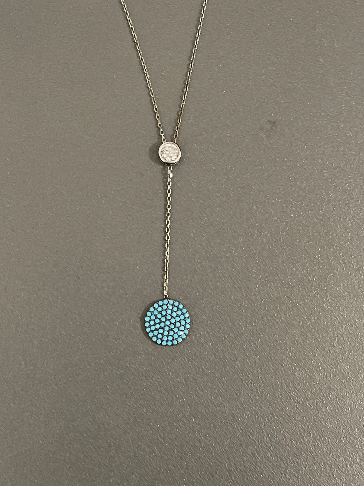 Sterling Silver Turquoise Disc Drop Necklace with Round Cubic Zirconia