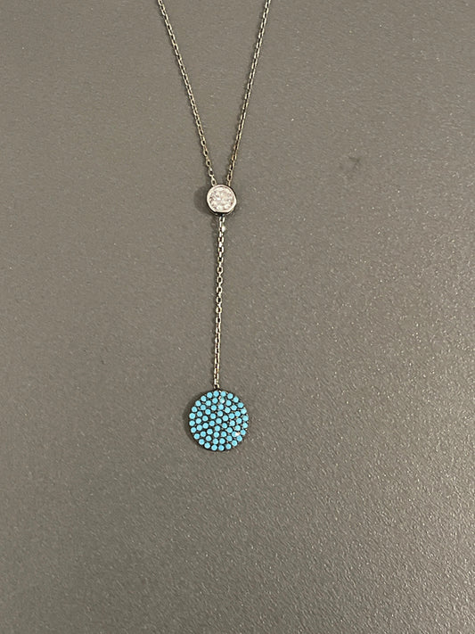 Sterling Silver Turquoise Disc Drop Necklace with Round Cubic Zirconia
