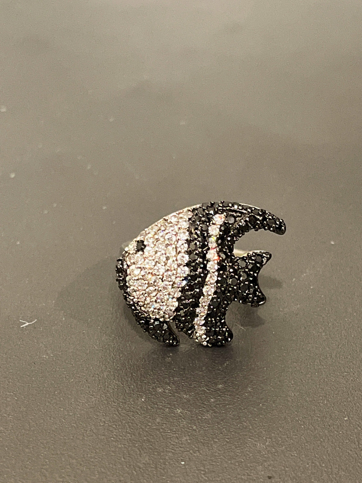 Sterling Silver Whimsical Black Spinel and Cubic Zirconia Angel Fish Ring