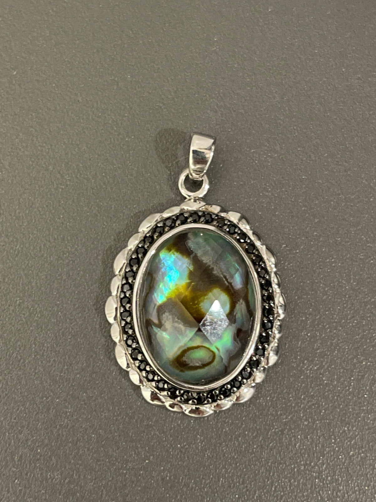 Sterling Silver Abalone Pendant, Black Spinel Halo, 16" Chain