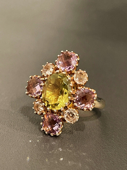 Sterling Silver Oval Yellow Topaz and Cushion Cut Pink Morganite Multi Stone Ring