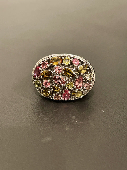 Sterling Silver Peridot, Pink Topaz and Pink Tourmaline Ring