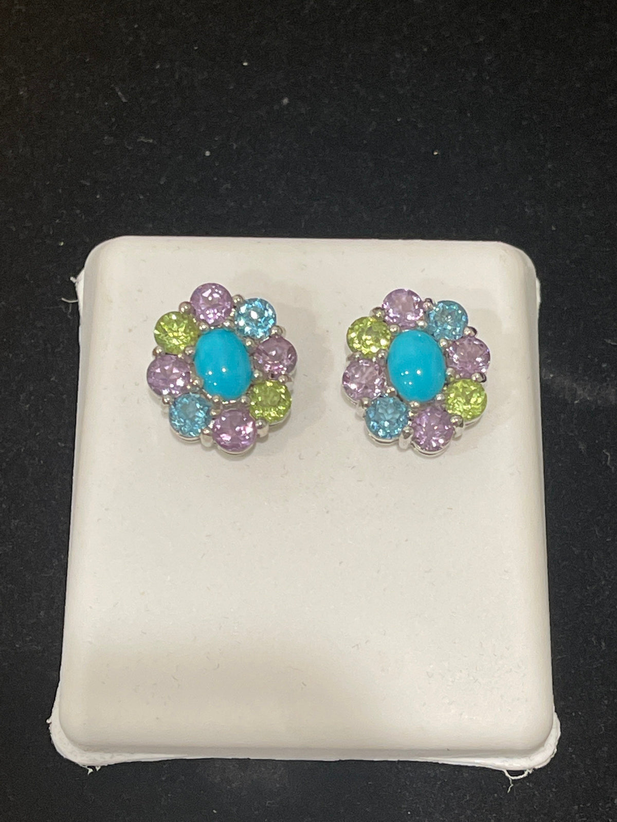 Sterling Silver Amethyst, Peridot,Blue Topaz and Sleeping Beauty Turquoise Stud Earrings