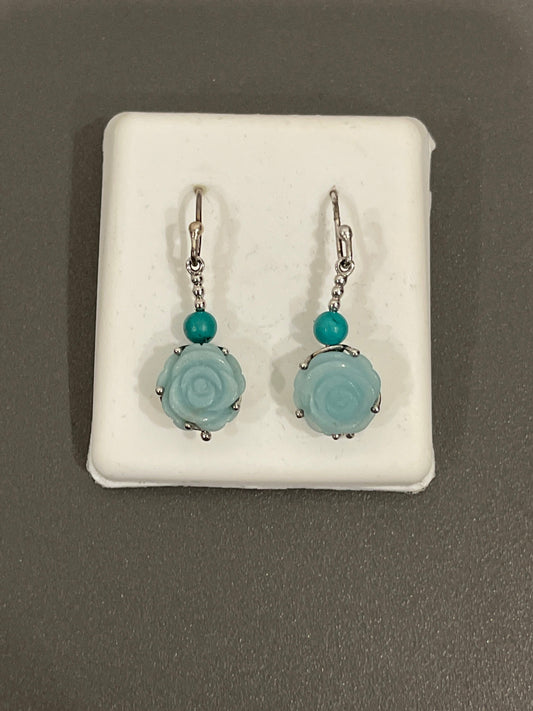Sterling Silver Carved Flower Chalcedony Stone with Turquoise Bead Dangle and Drop Earrings