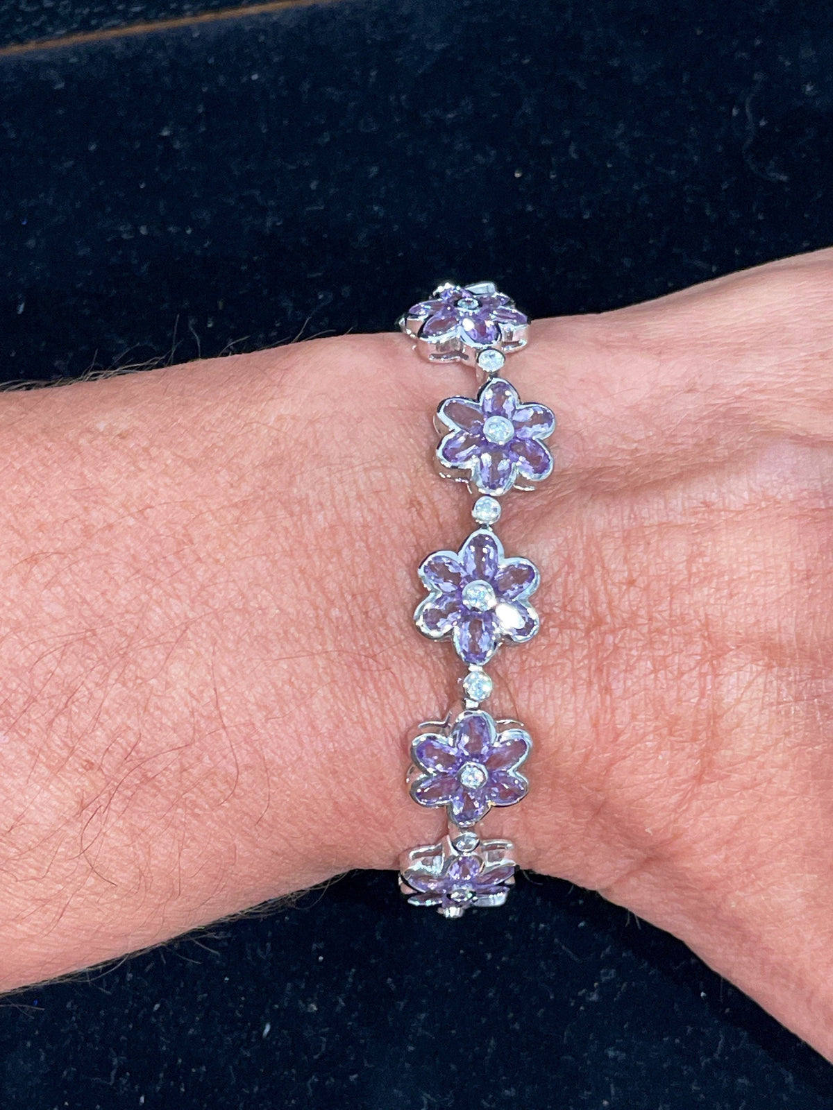 Sterling Silver Flower Genuine Amethyst and Cubic Zirconia Bracelet