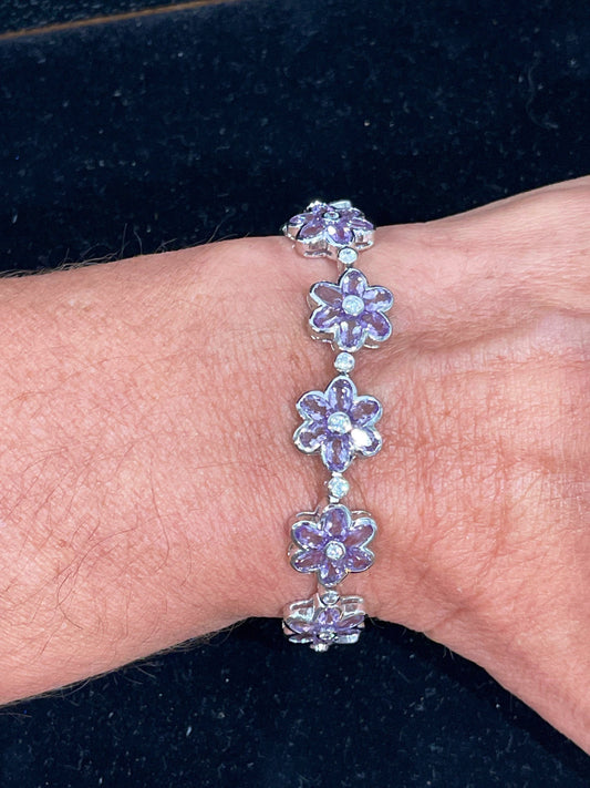 Sterling Silver Flower Genuine Amethyst and Cubic Zirconia Bracelet