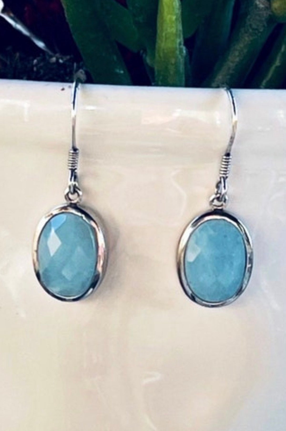 Sterling Silver Oval Blue Quartz Dangle Earrings