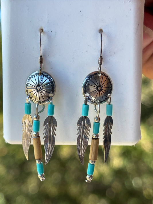 Sterling Silver Turquoise and Feathers Dangle Earrings