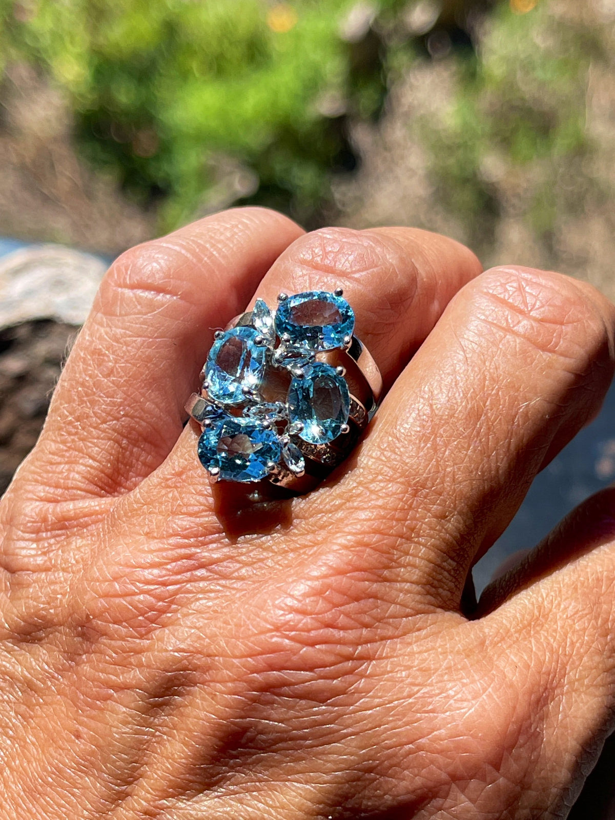 Sterling Silver Wide 4 Stone Oval Shape Blue Topaz Ring