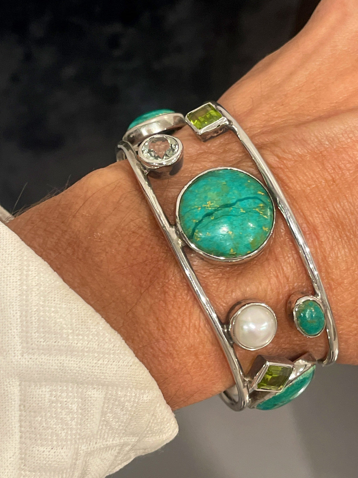 Turquoise, Pearl, Peridot, Blue Topaz Sterling Silver Cuff Bracelet