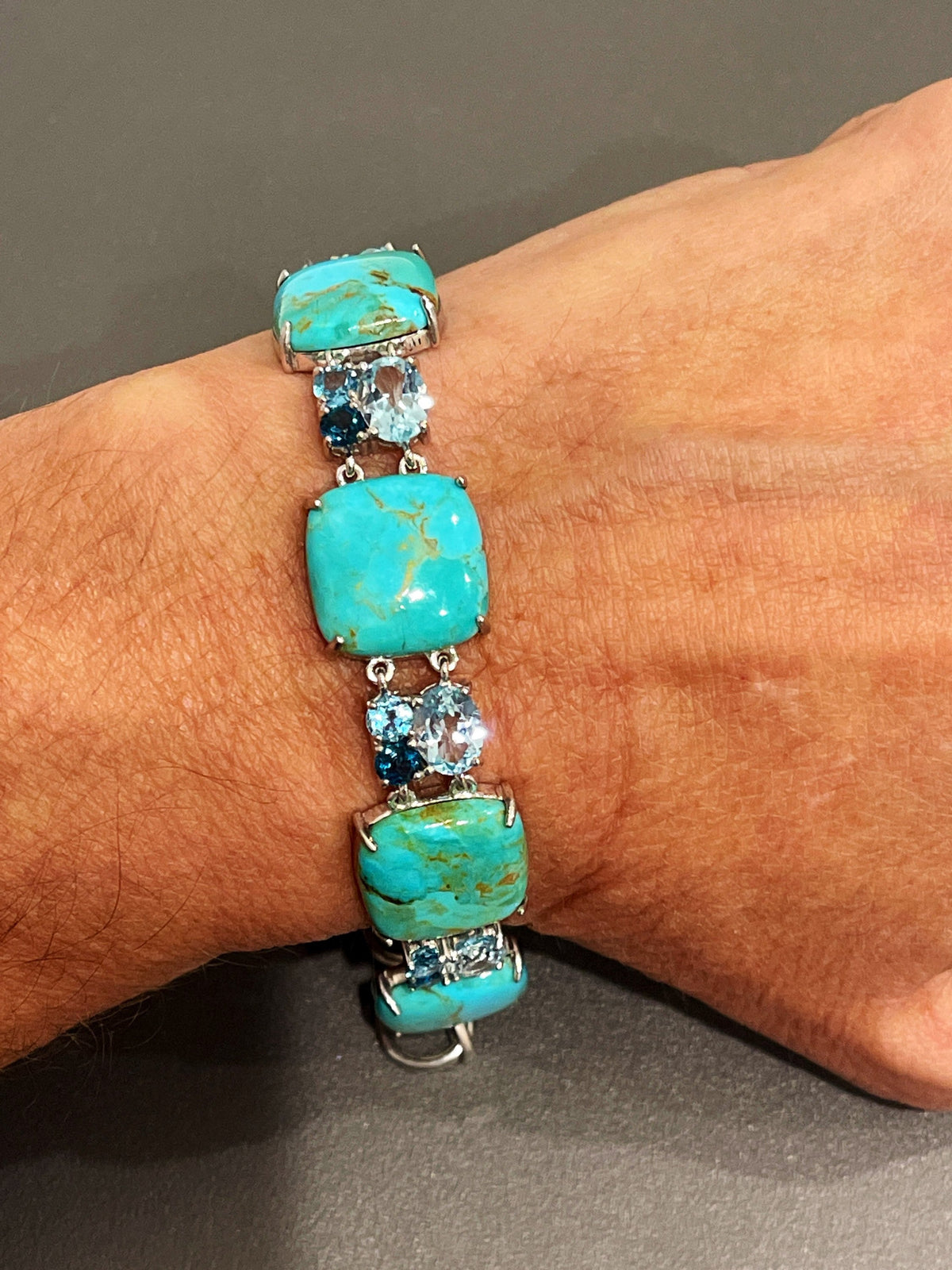 Sterling Silver Turquoise and Blue Topaz Link style Bracelet with Toggle Clasp