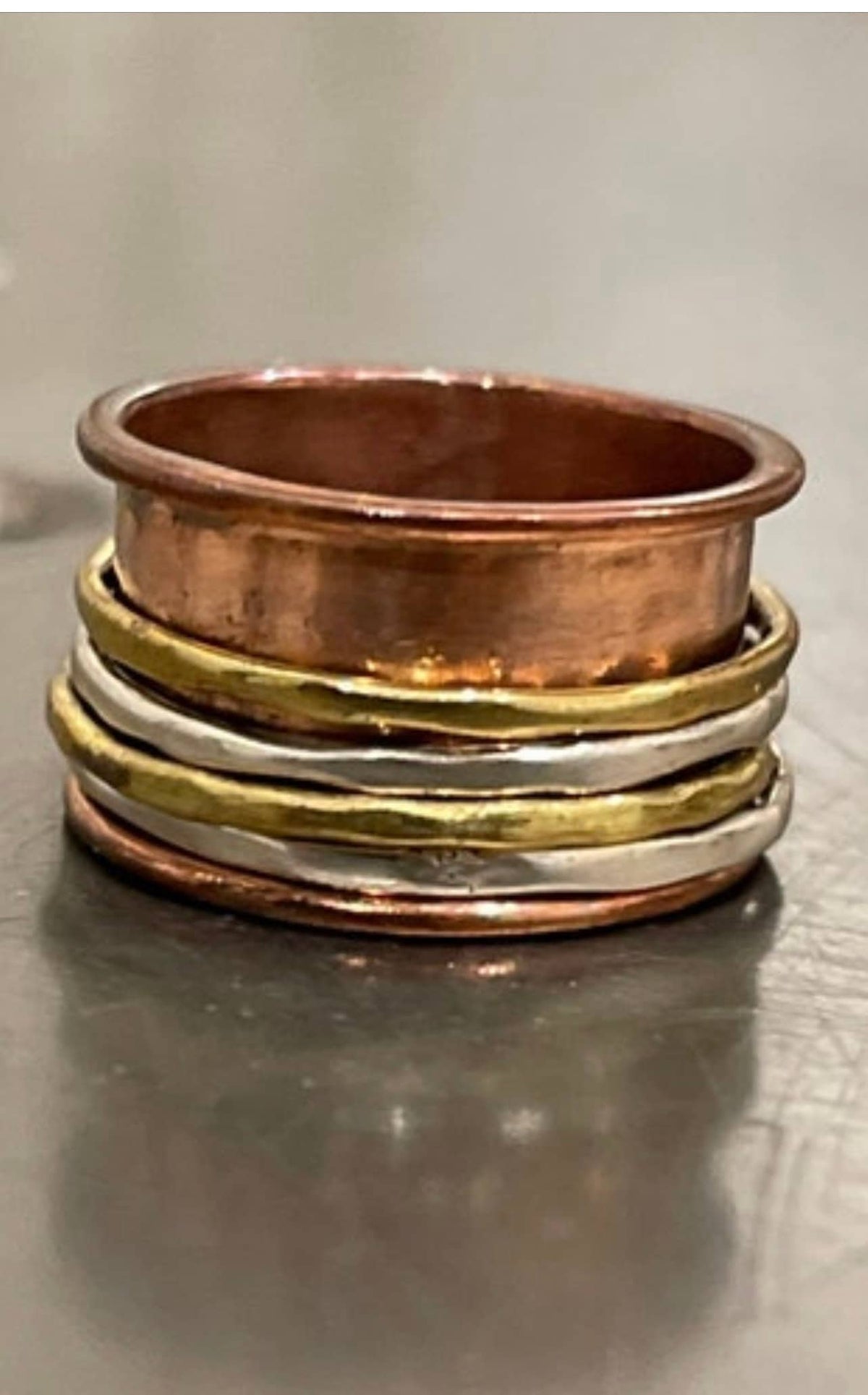 Tri-Color Sterling Silver Spinner Band Ring, Size 9