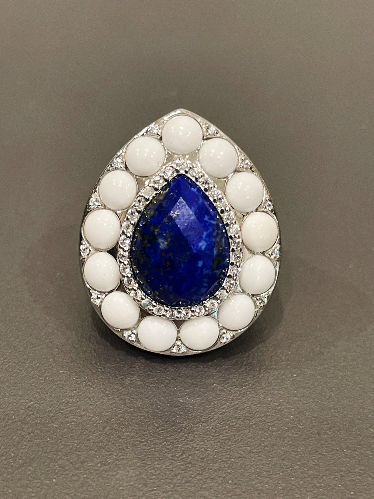 Sterling Silver Blue Lapis, White Onyx and Cubic Zirconia Ring