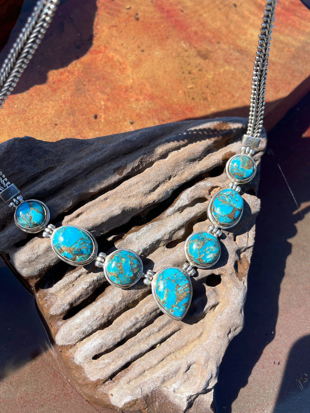 Sterling Silver Genuine Blue Turquoise Necklace with Heavy Chain