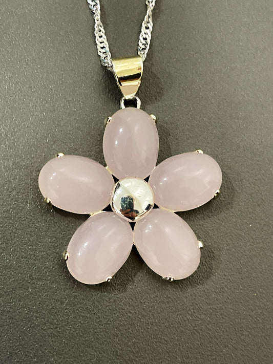 Sterling Silver Pink Quartz Flower Pendant, 20" Chain
