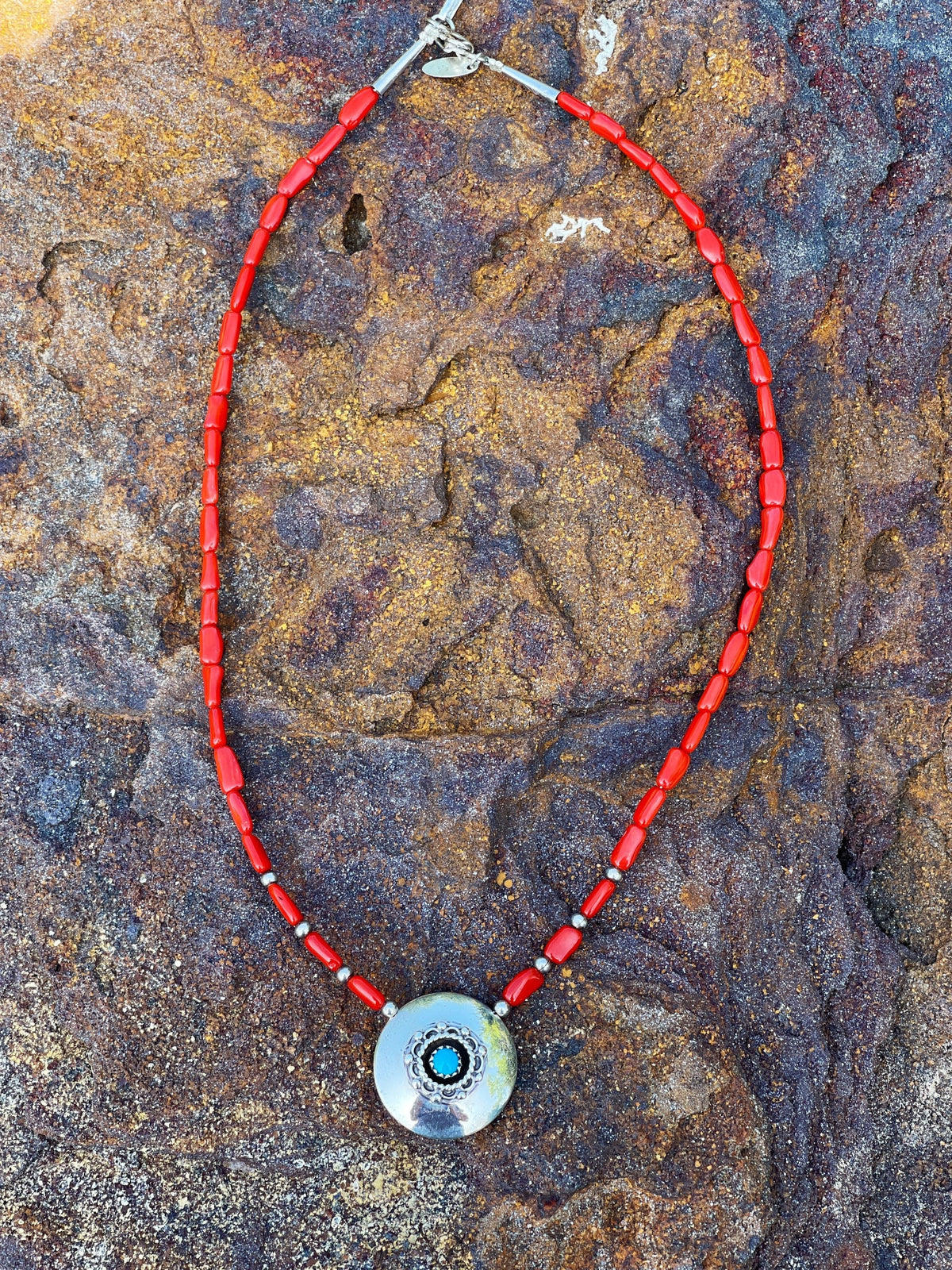 Native American Sterling Silver Coral Bead Turquoise Necklace Made by Running Bear R.B