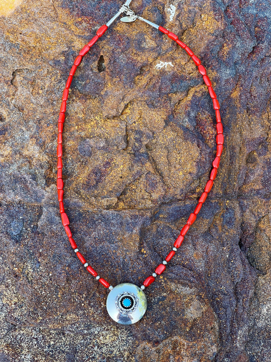 Native American Sterling Silver Coral Bead Turquoise Necklace Made by Running Bear R.B