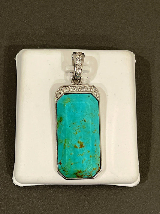 Sterling Silver Blue-Green Turquoise and Cubic Zirconia Pendant