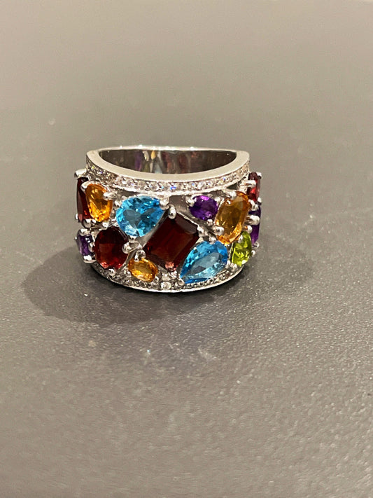 Sterling Silver Multi Semi Precious Stone Ring