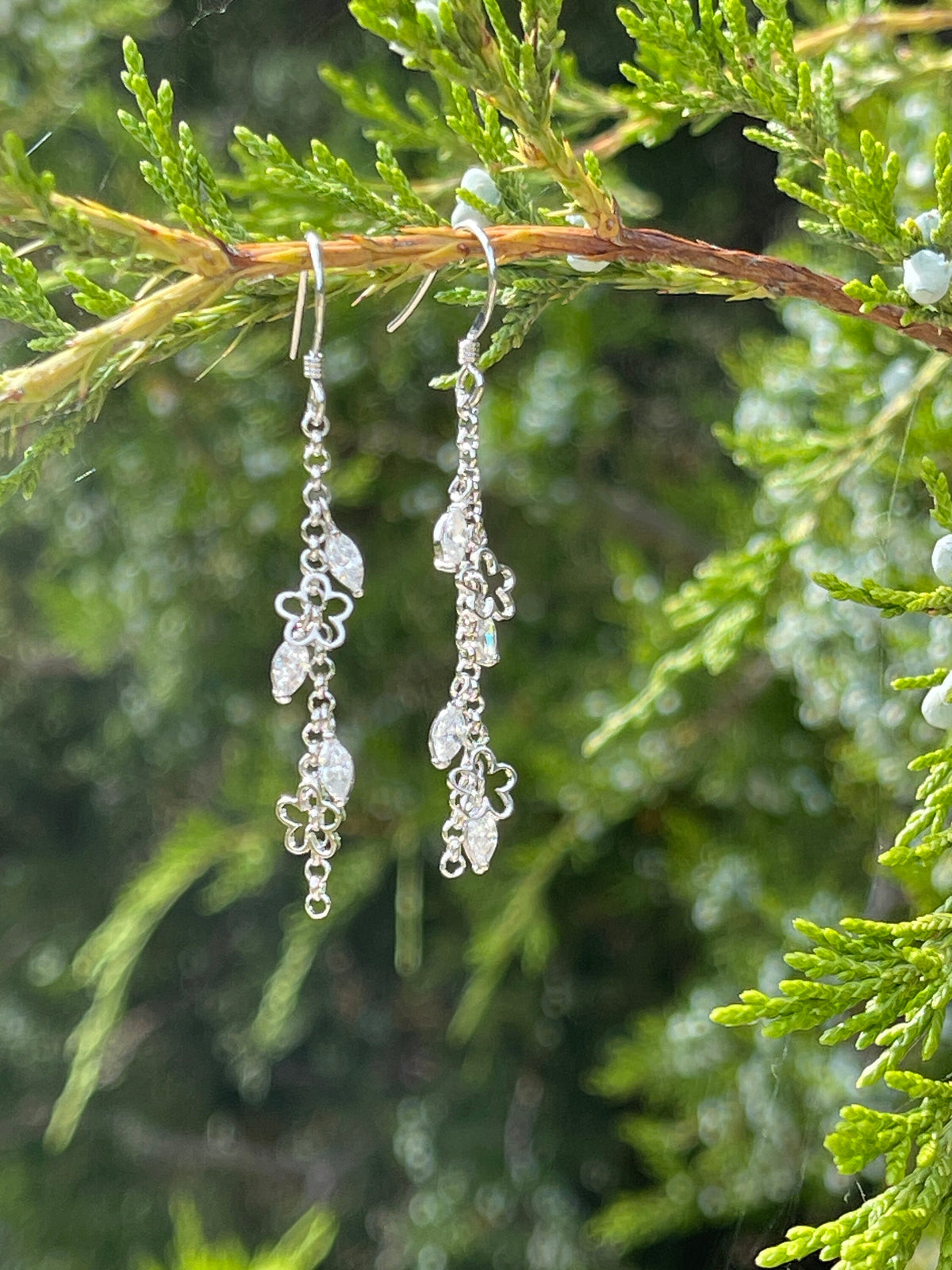 Sterling Silver Chain Dangle Flower and Cubic Zirconia Earrings
