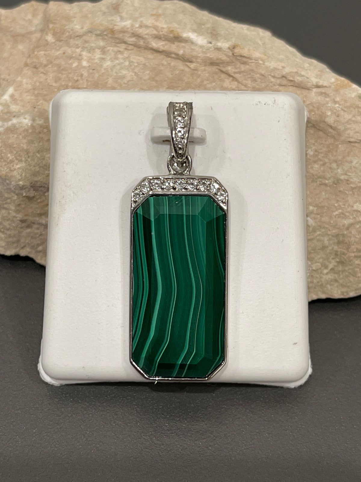 Sterling Silver Green Malachite and Cubic Zirconia Pendant