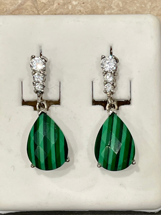 Sterling Silver Pear Cut Genuine Malachite and Cubic Zirconia Dangle Earrings