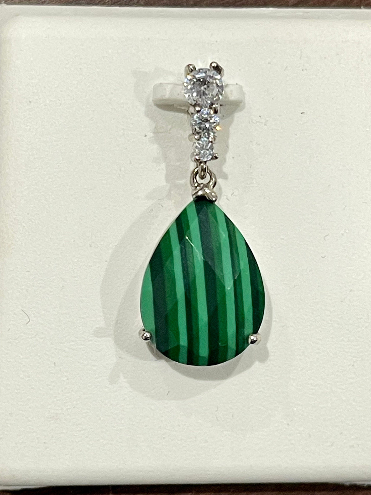 Sterling Silver Green Malachite Teardrop Pendant, Cubic Zirconia, 16" Chain