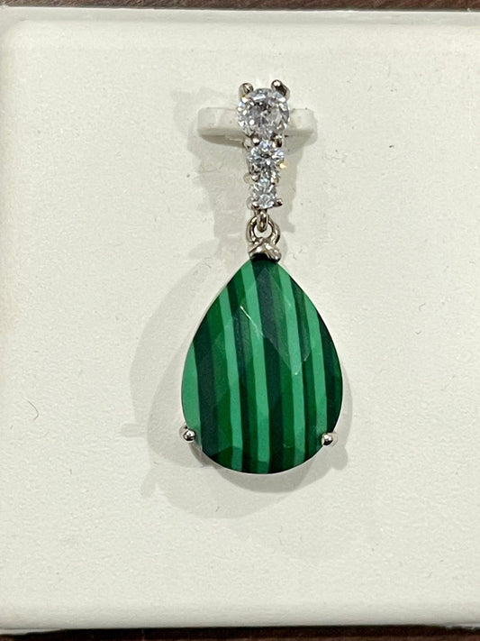 Sterling Silver Green Malachite Teardrop Pendant, Cubic Zirconia, 16" Chain