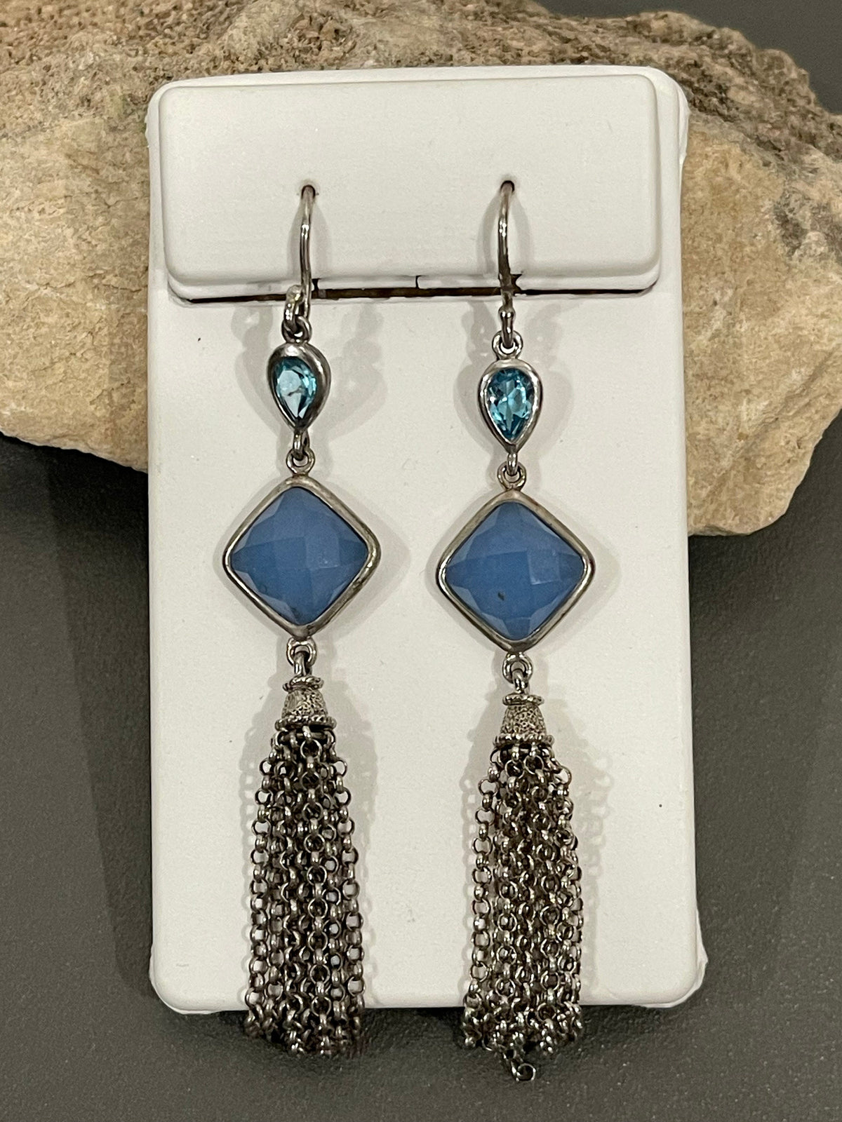 Sterling silver Blue Agate and Blue Topaz Dangle Tassel Earrings