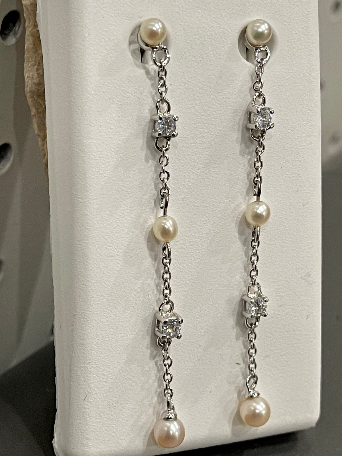 Sterling Silver Dangle Pearl and Cubic Zirconia Earrings with Length 2.5”