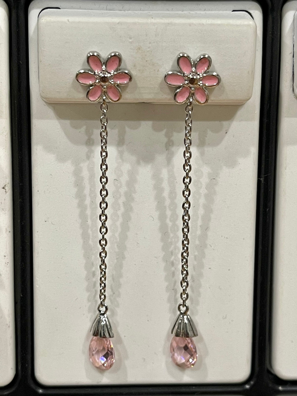 Sterling Silver Pink Enameled Flower and Pink Topaz Dangle Earrings