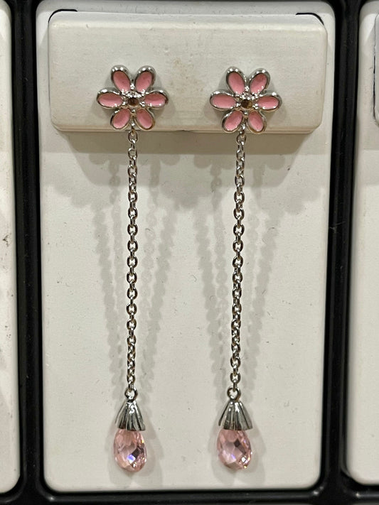 Sterling Silver Pink Enameled Flower and Pink Topaz Dangle Earrings