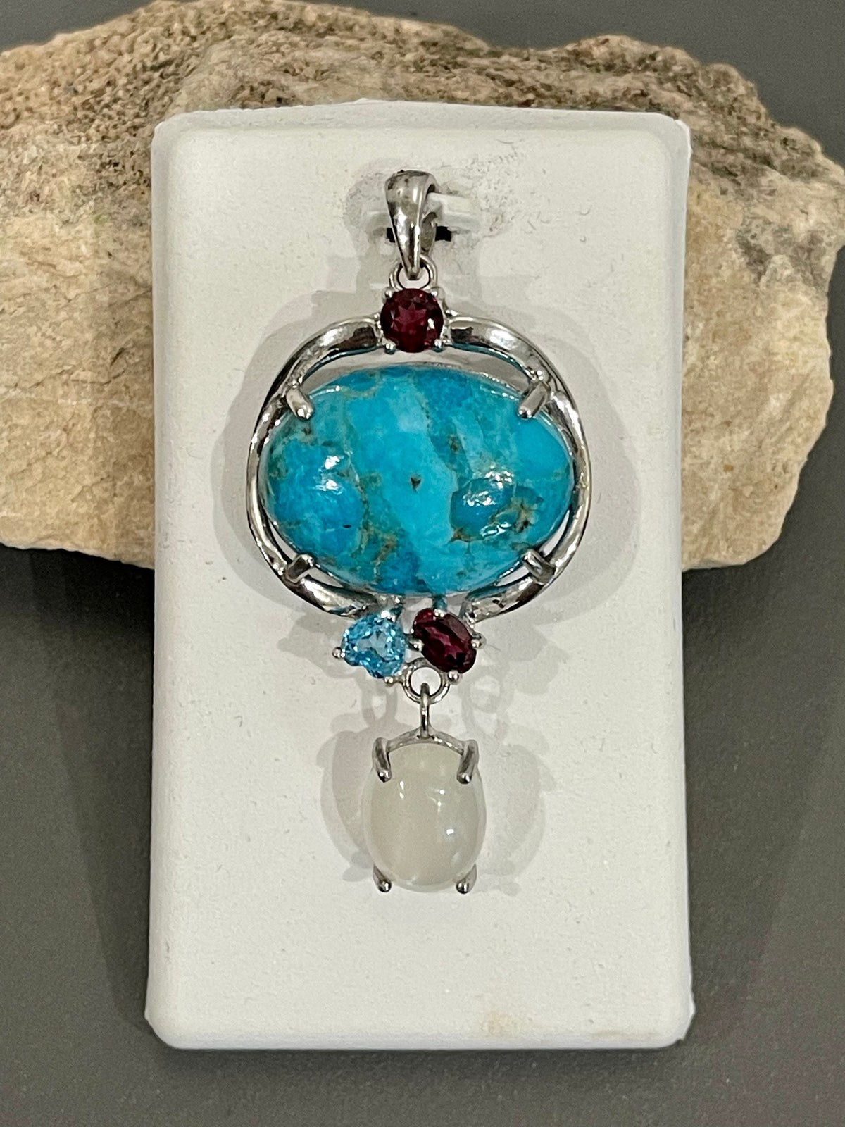 Sterling Silver Turquoise, Garnet, Blue Topaz and Moonstone Pendant