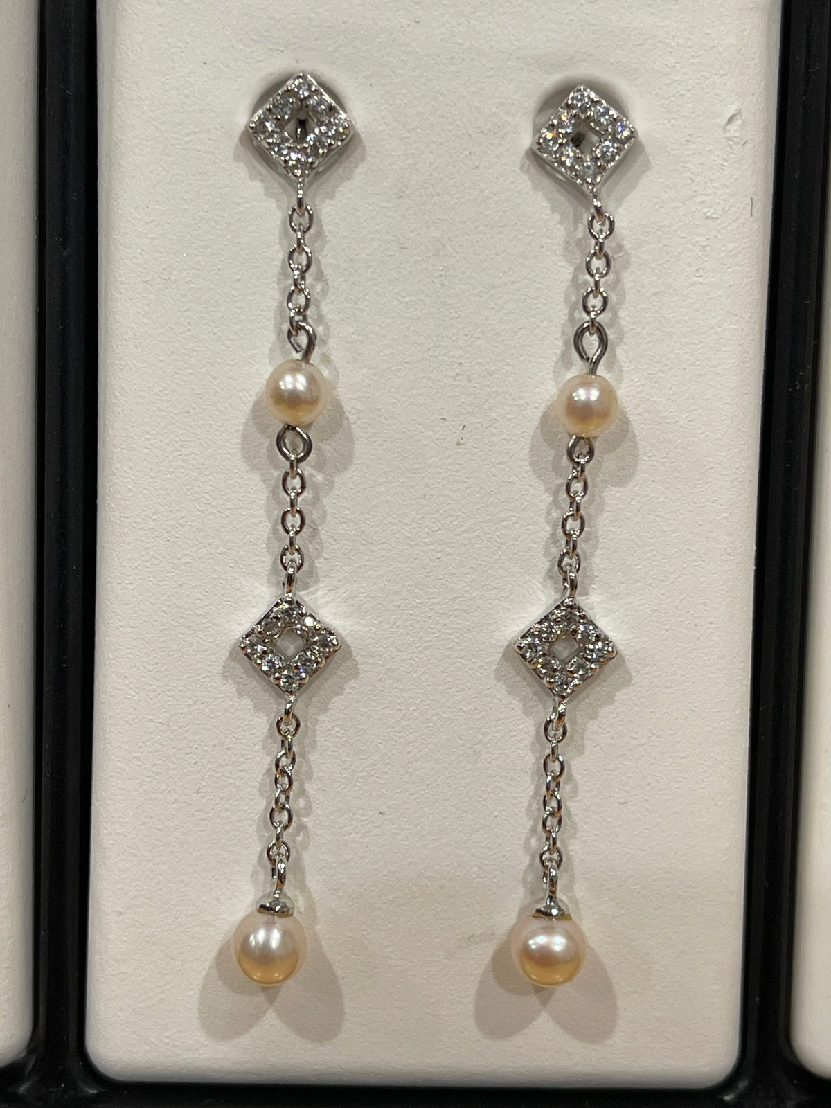 Sterling Silver Genuine Pearl and Cubic Zirconia Dangle Earrings in a 2.5" Length