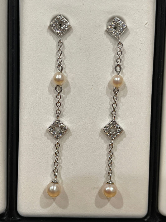 Sterling Silver Genuine Pearl and Cubic Zirconia Dangle Earrings in a 2.5" Length