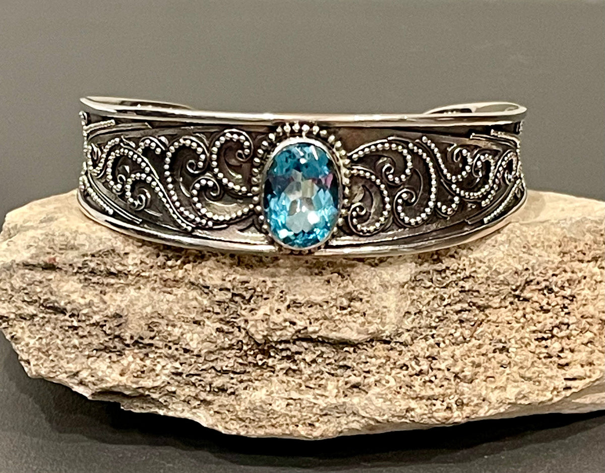 Sterling Silver Decorative Blue Topaz Cuff Bracelet