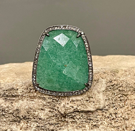 Sterling Silver Green Quartz and Cubic Zirconia Large Statement Ring Size 8