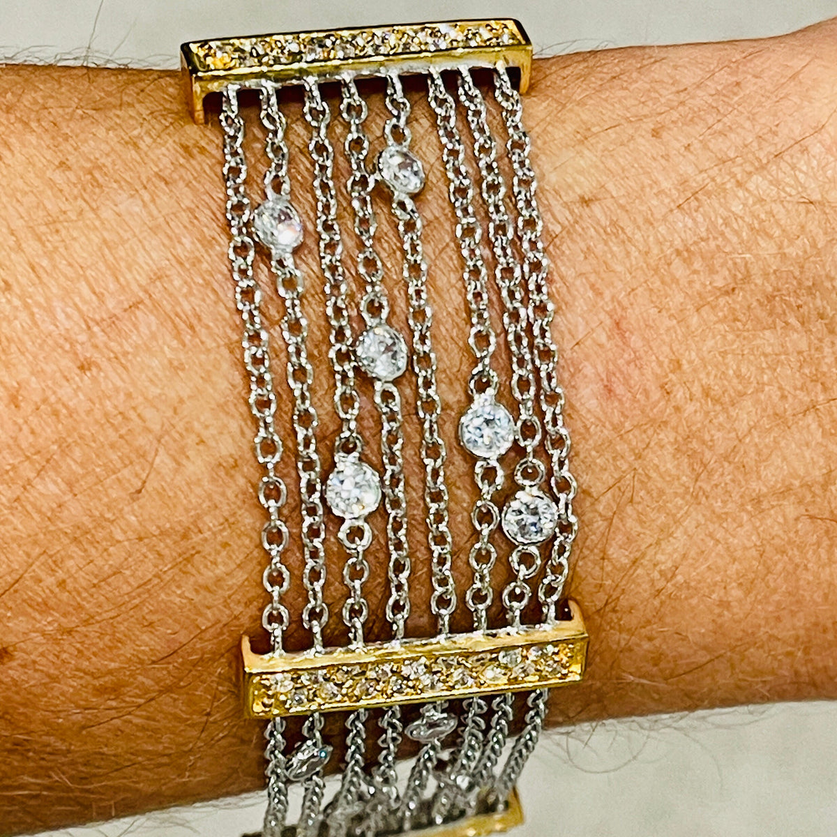 Sterling Silver Two Tone Cubic Zirconia 8 Chain Bracelet