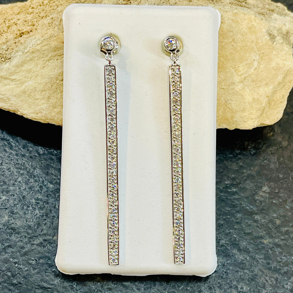 Sterling Silver Cubic Zirconia Dangle Bar Style Earrings in a 2.5" Length